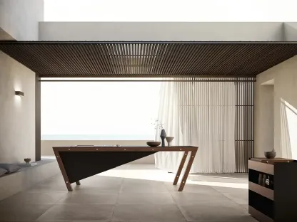 Cucina Design con isola Frame finitura impiallacciato Eucalipto Raw con top in Gres di Modulnova