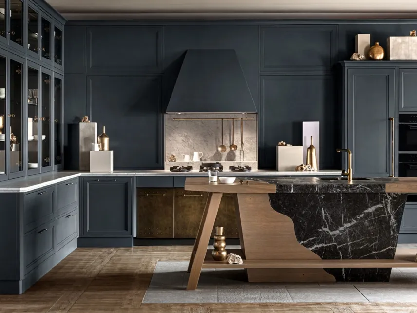 Cucina Moderna angolare con isola inlegno laccato con top in marmo Convivium di Marchi