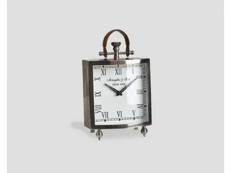 Orologio da tavolo DB005557 metallo quadrante bianco maniglia pelle di Dialma Brown