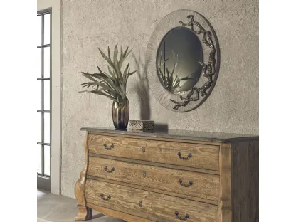 Specchio rotondo con cornice in legno Old Pine finitura Forest con fusione in Bronzo Armonia di Dialma Brown