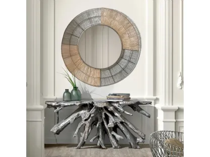 Specchio tondo Hidris con cornice in fusione di alluminio e rattan intrecciato, lavorato a mano di Dialma Brown