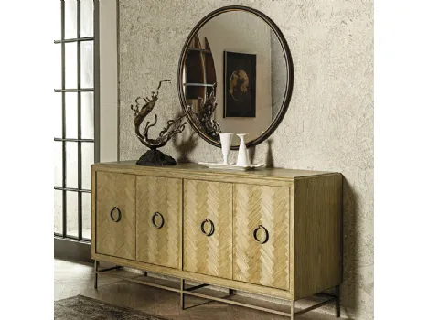 Specchio tondo Selene con cornice in metallo finitura brunita con profilo color Antique Gold di Dialma Brown