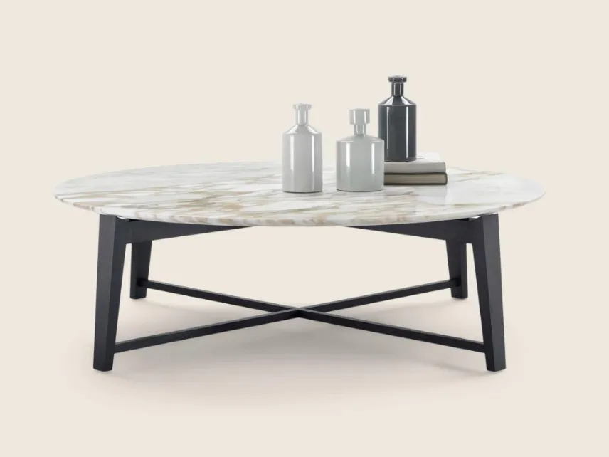 Tavolino rotondo in marmo con base in legno massello Tris di Flexform
