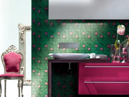 Piastrelle Neo Romantico Rampicante Rosa su fondo verde e bianco di De Maio