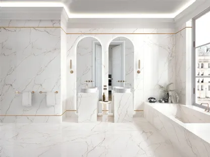 Piastrelle in gres porcellanato effetto marmo bianco di Sicilia con venature Caramel Segesta di Tagina