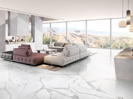Piastrelle in ceramica effetto marmo bianco con venature grigie fredde Statuario di Tagina