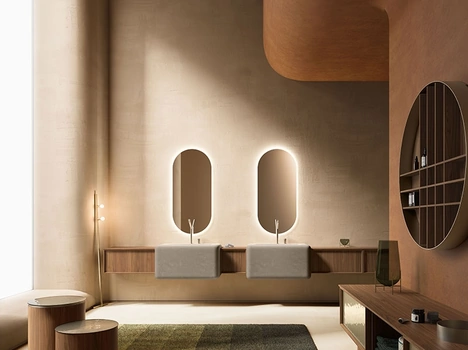 Mobile da Bagno Des Evolution Caramel 02 in Noce Canaletto con lavabi in resina di Cerasa