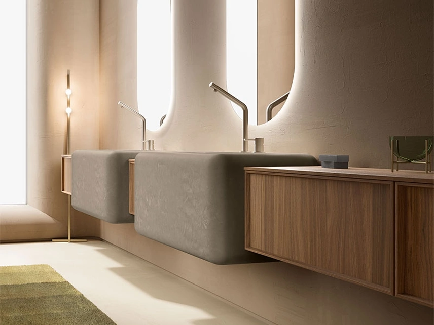 Mobile da Bagno Des Evolution Caramel 02 in Noce Canaletto con lavabi in resina di Cerasa