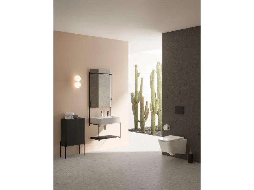 Mobile da Bagno sospeso Equal 02 in ceramica e metallo con mobiletto a terra finitura effetto legno di Vitra bagno