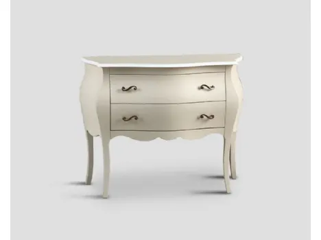 Comò sagomato Julian realizzato in legno laccato color crema con rifiniture bianche di Dialma Brown