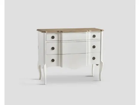 Comò sagomato Mathias realizzato in legno laccato Bianco vissuto con top in legno massello di Rovere naturale di Dialma Brown
