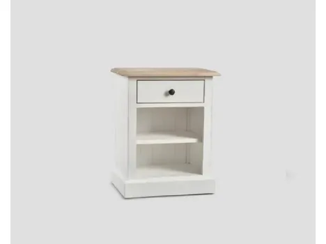 Comodino Shara realizzato in legno laccato Bianco vissuto con top in legno naturale di Dialma Brown