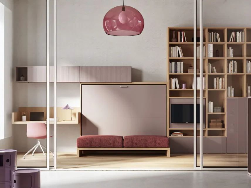 Letto a scomparsa con divano integrato e libreria Im 22 04 Nobu in melaminico Rovere e laccato opaco di Clever