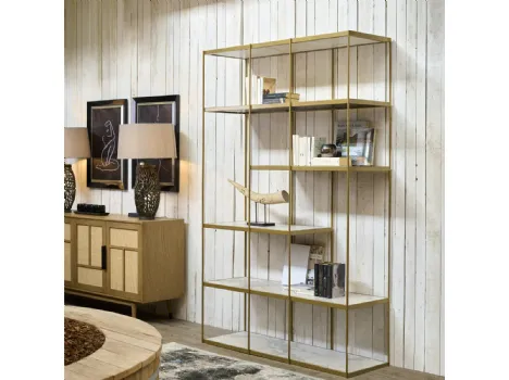 Libreria bifacciale Avola realizzata in metallo laccato Antique Gold con ripiani in Gres porcellanato finitura White Stone di Dialma Brown
