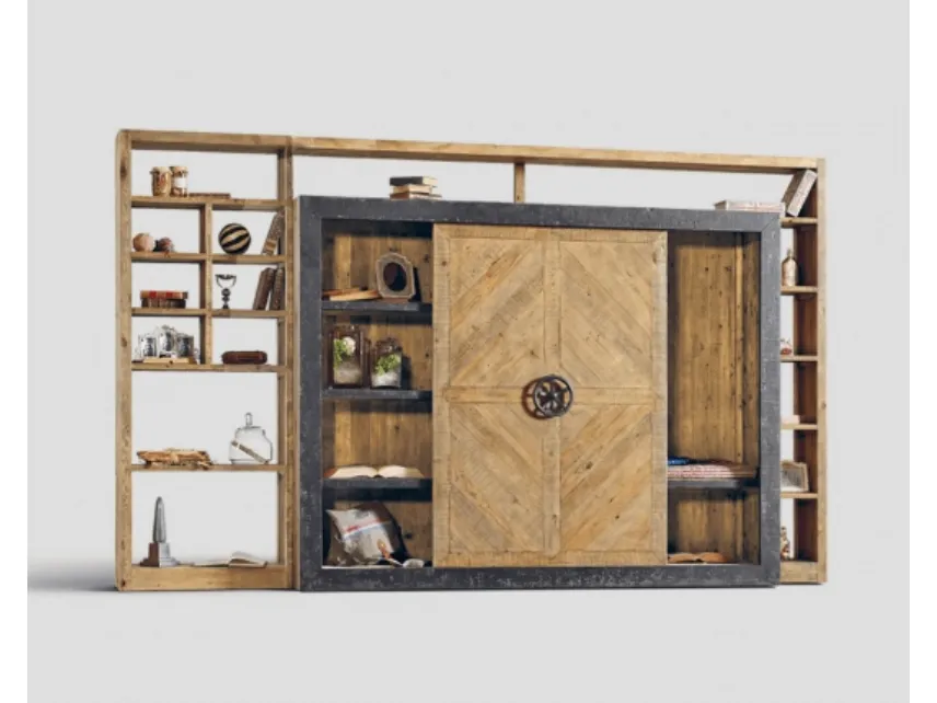 Libreria DB003537 porta scorrevole ripiani legno vecchio maniglia e finiture metallo di Dialma Brown