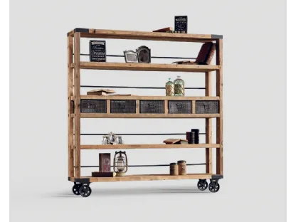 Libreria DB003739 bifacciale con ruote legno vecchio e 5 cassetti di Dialma Brown