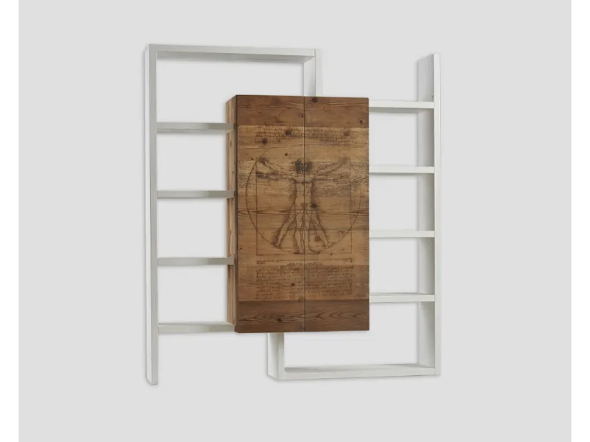 Libreria DB005897 legno vecchio con pirografia e struttura esterna laccata bianco di Dialma Brown