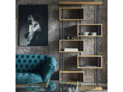 Libreria bifacciale Odette realizzata in legno stratificato di Rovere naturale con struttura in metallo color Grafite di Dialma Brown