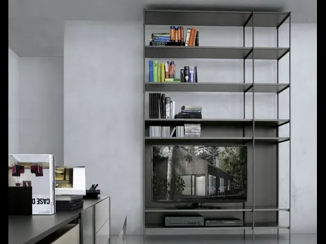 Libreria in alluminio con pannello retro TV in MDF laccato nero XY configurazione 09 di Extendo