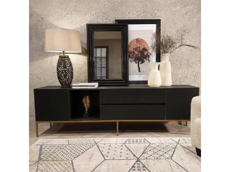 Madia Akernar realizzata in agglomerato di legno e stratificato di Rovere laccato color Grafite a poro aperto con base in metallo color Ottone di Dialma Brown