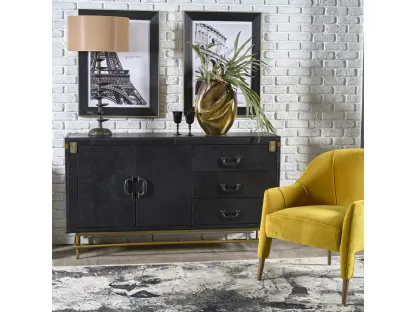Madia Hamerigo realizzata in legno stratificato e laccato, rivestita in vera pelle color Ardesiato con base in metallo color ottone di Dialma Brown