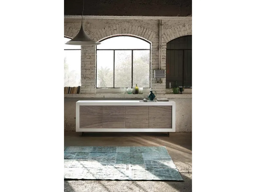 Madia Picasso P12 River Grey in Rovere laccato Bianco opaco, con ante rivestite in Pietra di Riflessi