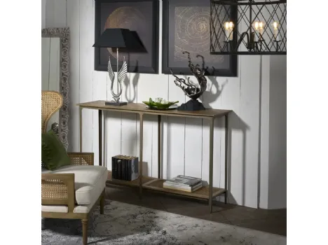 Mobile ingresso Consolle Andamane con top in legno stratificato e legno massello di Mindi, struttura in metallo color Light Brass e ripiano inferiore in paglia di Vienna di Dialma Brown