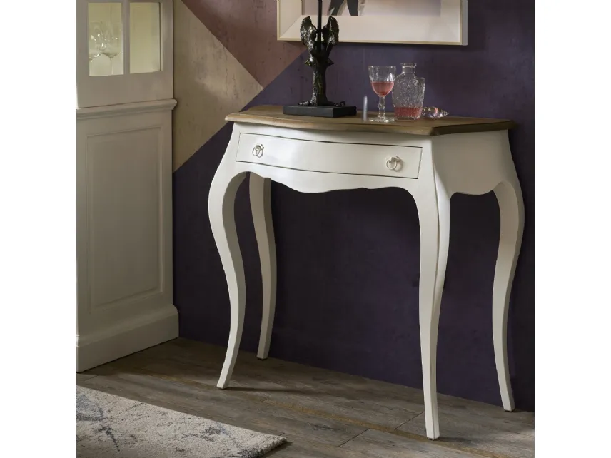 Mobile ingresso Consolle sagomata Atria realizzata in legno stratificato e legno massello laccato Bianco vissuto con top in legno massello di Rovere naturale di Dialma Brown
