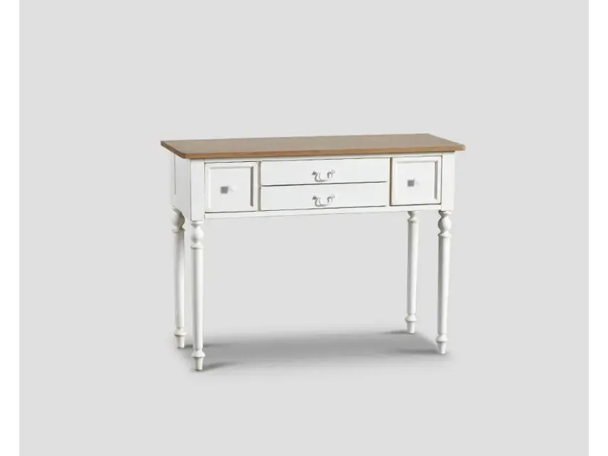 Mobile ingresso Consolle sagomata Belisa realizzata in legno stratificato e legno massello laccato Bianco vissuto con top in legno massello di Rovere naturale di Dialma Brown