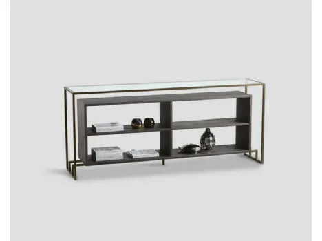 Mobile ingresso Consolle bifacciale Borealis con top in cristallo, realizzata in legno massello di Conifera colore Dark Grey e struttura in metallo di Dialma Brown
