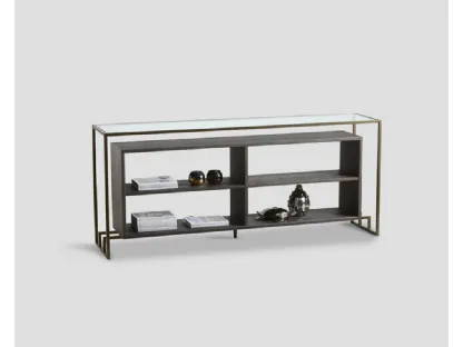 Mobile ingresso Consolle bifacciale Borealis con top in cristallo, realizzata in legno massello di Conifera colore Dark Grey e struttura in metallo di Dialma Brown
