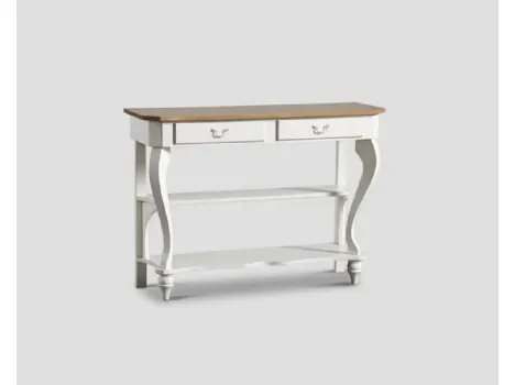 Mobile ingresso Consolle sagomata Flora realizzata in legno stratificato e legno massello laccato Bianco vissuto con top in legno massello di Rovere naturale di Dialma Brown