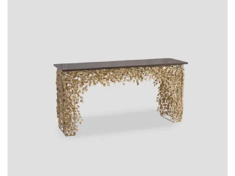 Mobile ingresso Consolle Millefoglie con top in Grey Stone e struttura in metallo forgiato a mano con motivo color Gold di Dialma Brown