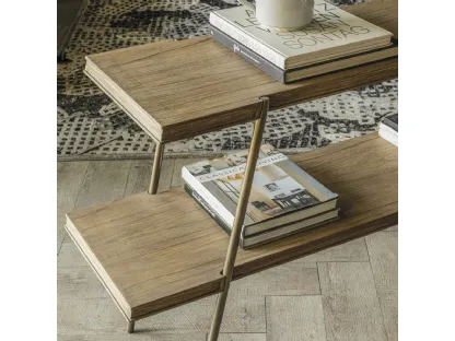 Mobile ingresso Consolle bifacciale con due ripiani realizzata in legno stratificato e legno massello di Mindi naturale con base in metallo Semarang di Dialma Brown