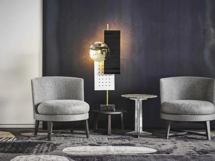 Poltroncina tonda in tessuto imbottito con gambe in metallo satinato Feel Good di Flexform