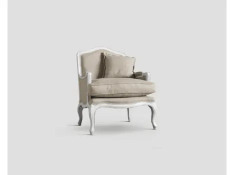 Poltroncina imbottita Paris in tessuto di lino con struttura in legno massello laccato White Vintage di Dialma Brown
