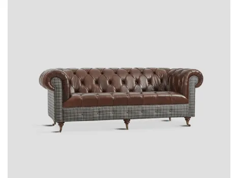 Divano lineare in vera pelle trapuntata con struttura in tessuto a quadri Buckingham di Dialma Brown