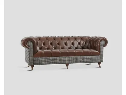 Divano lineare in vera pelle trapuntata con struttura in tessuto a quadri Buckingham di Dialma Brown