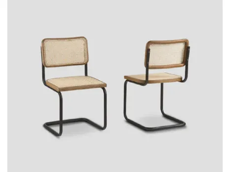 Sedia Morena in metallo laccato color Black con seduta e schienale in Rovere naturale con paglia di Vienna di Dialma Brown