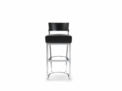 Sgabello Morgan con struttura in metallo, schienale in legno massello e seduta in pelle imbottita di Flexform