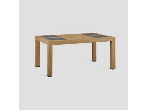 Tavolo quadrato allungabile Agora Stone Major realizzato in legno massello di Conifera lavorato a mano con top con inserti in grès porcellanato finitura Pietra di Dialma Brown