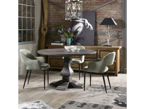 Tavolo tondo Amarilli realizzato in legno stratificato e legno massello di Conifera finitura Dark Grey di Dialma Brown