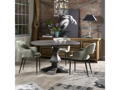 Tavolo tondo Amarilli realizzato in legno stratificato e legno massello di Conifera finitura Dark Grey di Dialma Brown