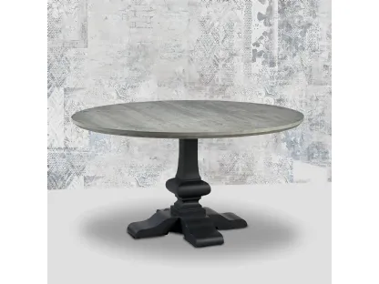 Tavolo rotondo Bellmore con basamento in legno massello laccato Lavagna e top in legno stratificato di Conifera finitura Forest di Dialma Brown