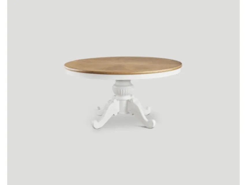Tavolo DB004857 tondo base laccata bianco vissuto e top rovere vintage chiaro di Dialma Brown