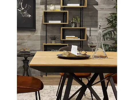 Tavolo quadrato allungabile Erik con top in legno stratificato di Rovere naturale e struttura in metallo color Grafite di Dialma Brown