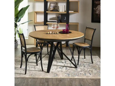 Tavolo tondo allungabile Eros con top in legno stratificato di Rovere naturale e base in metallo color Grafite di Dialma Brown