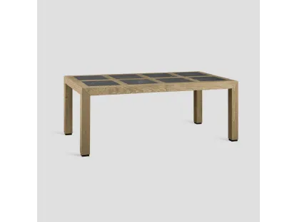 Tavolo rettangolare Plaza Stone realizzato in legno massello di Conifera finitura Old Pine con top con inserti in grès porcellanato finitura Pietra di Dialma Brown