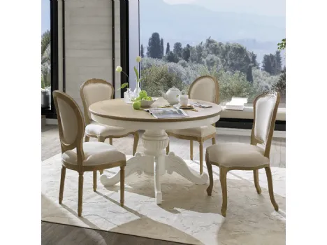 Tavolo tondo Romeo con basamento in legno massello laccato bianco e top in legno stratificato di Rovere naturale di Dialma Brown