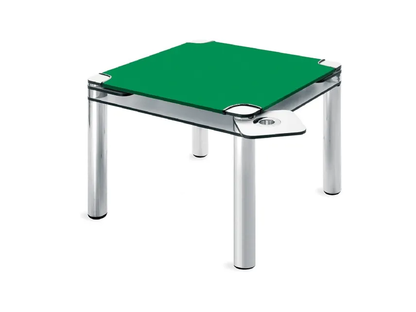 Tavolo da gioco in acciaio inox con piano in laminato rivestito con panno verde con bordi in pelle Poker di Zanotta